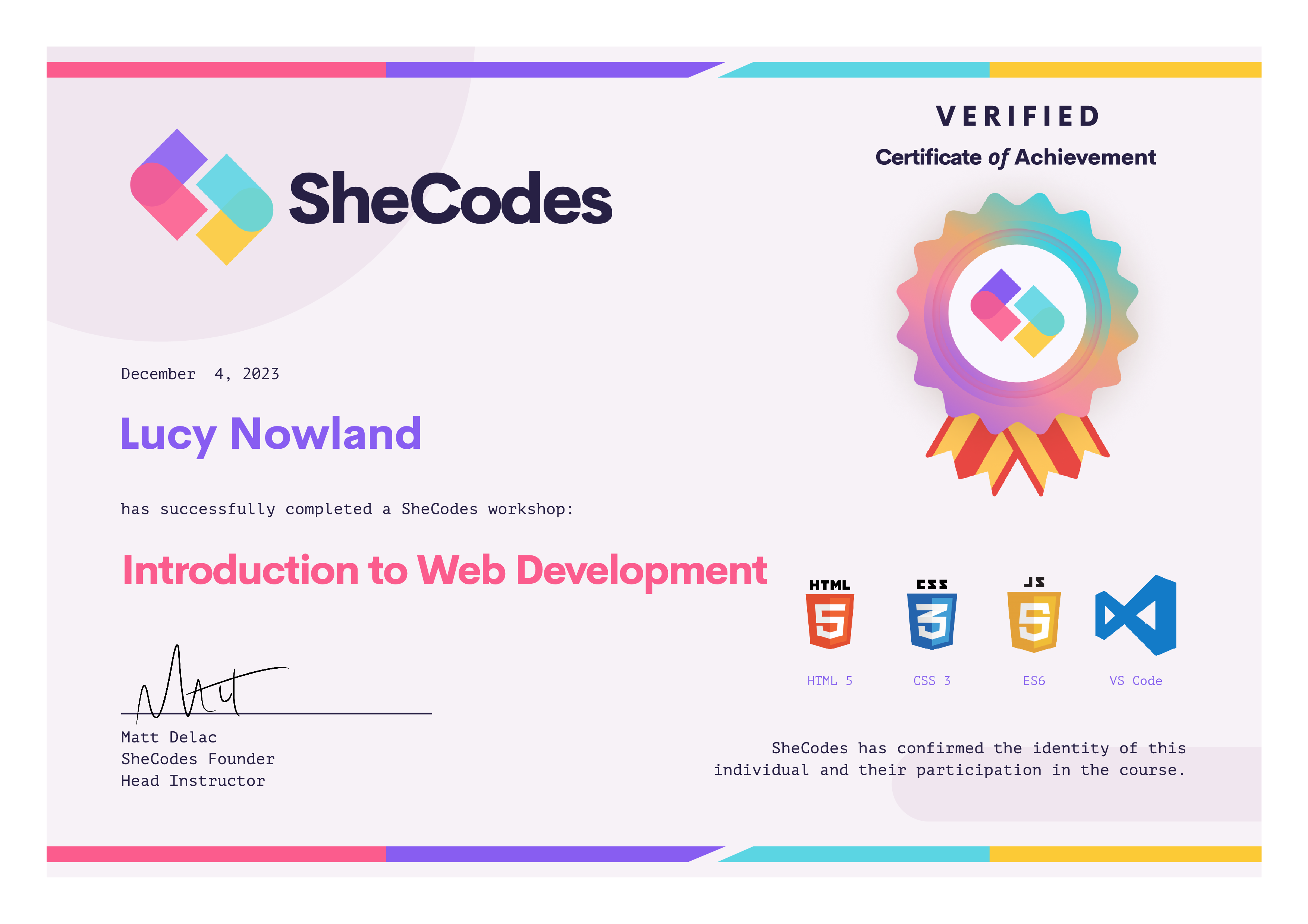 SheCodes Basics Add-on Certificate