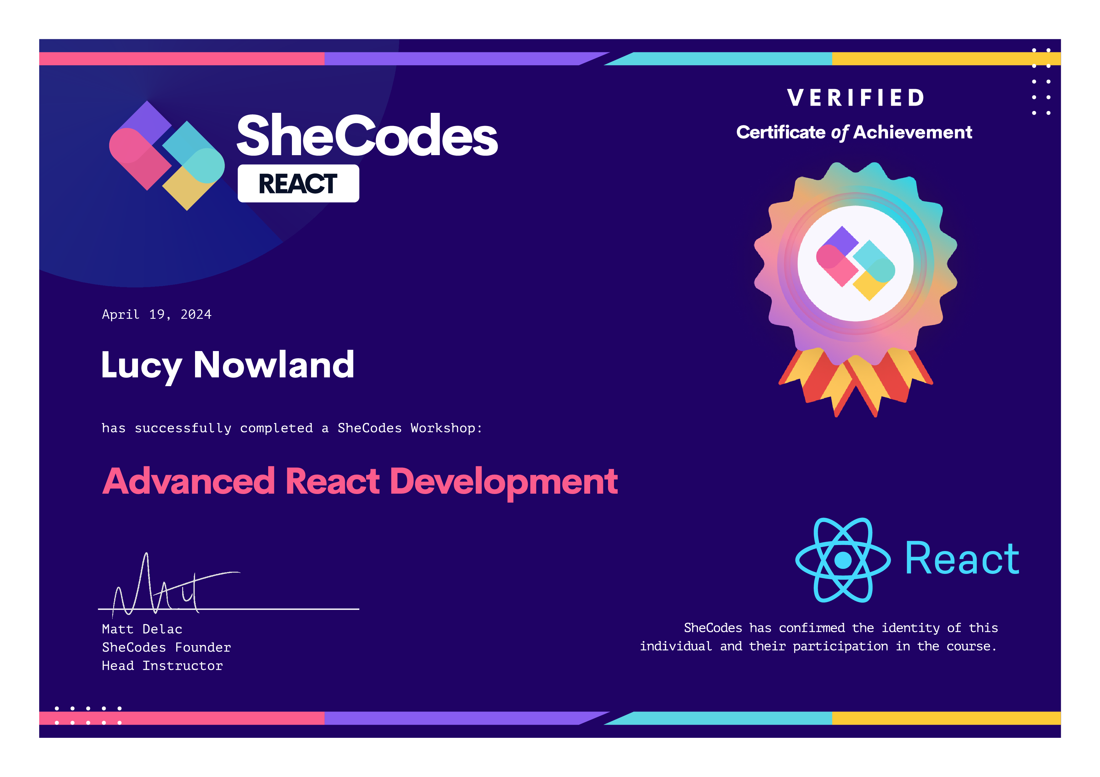 SheCodes React Add-On Certificate